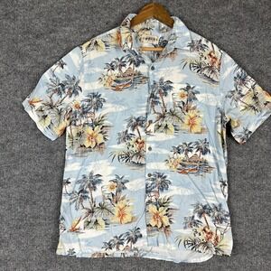 CAMPIA MODA Shirt Mens Large Blue Hawaiian Tropical Rayon Short Sleeve Button Up